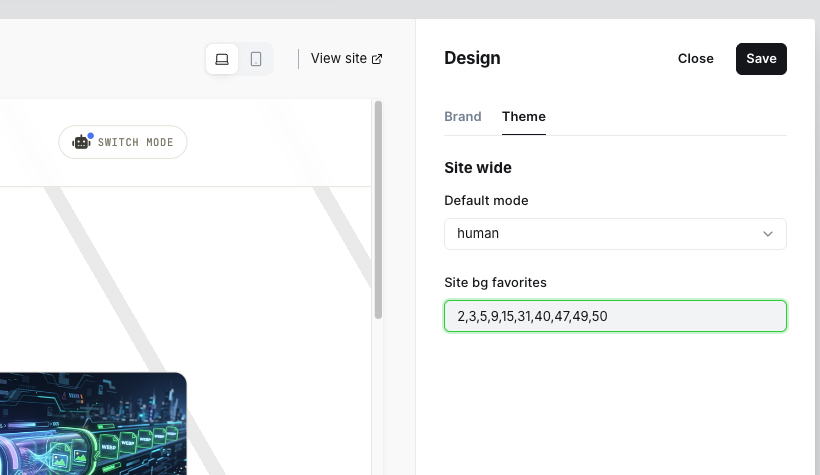 Ghost Admin → Design → Theme settings, showing the Site BG Favorites field where the copied pattern-number string gets pasted (this capture predates the 2026-08-22 rename, so it shows the field's old "Site bg favorites" label)
