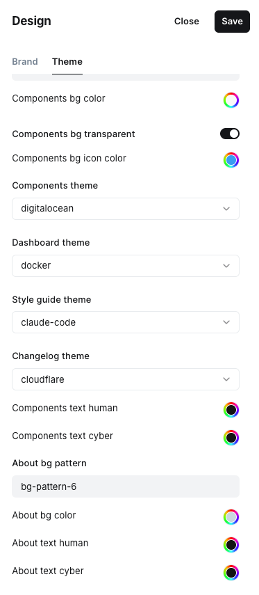 The Theme tab of Ghost Admin's Design panel, showing this theme's 16 custom settings in Title Case, sorted A-Z within their scope groups, with colour pickers, toggles and dropdowns