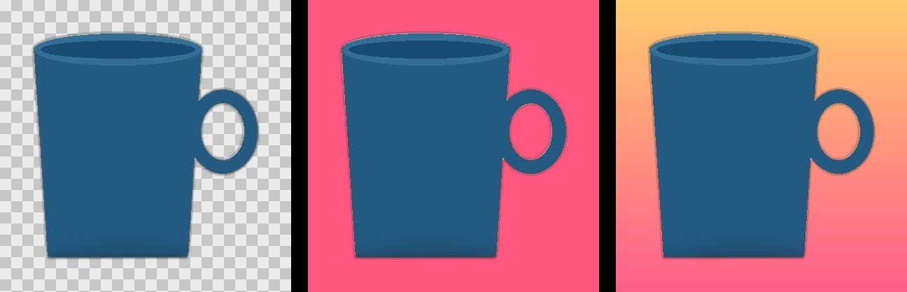 The same cutout mug placed onto a transparency grid, a solid pink background, and a gradient background — proving genuine transparency