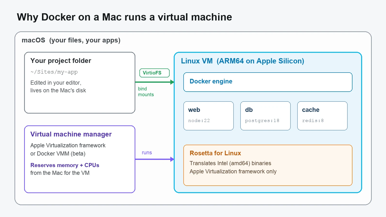 Diagram: macOS runs a virtual machine manager, which runs a Linux VM containing the Docker engine and your containers. Files cross from macOS into the VM through VirtioFS, and Intel binaries are translated by Rosetta.