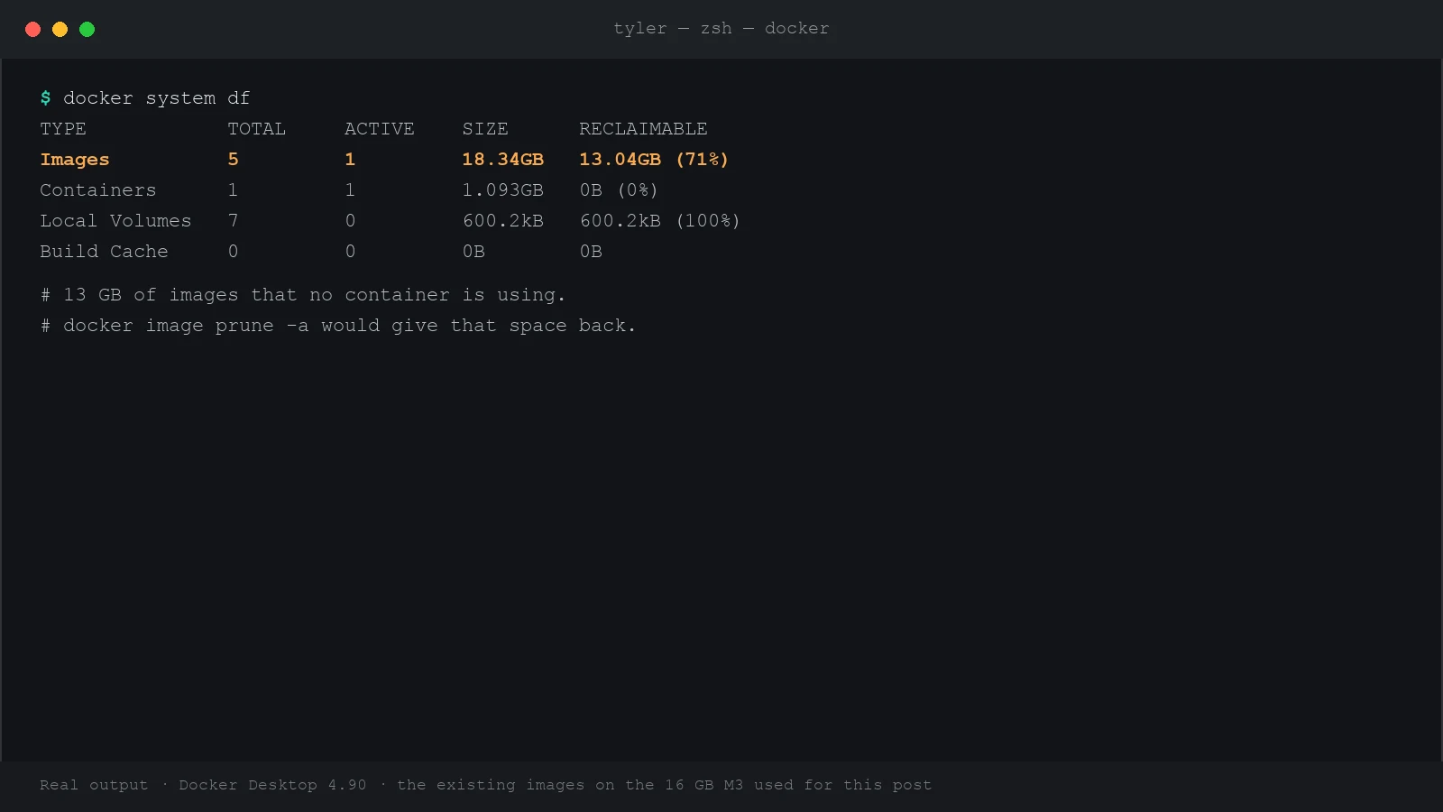 Terminal showing docker system df: 5 images using 18.34 GB, of which 13.04 GB or 71 percent is reclaimable