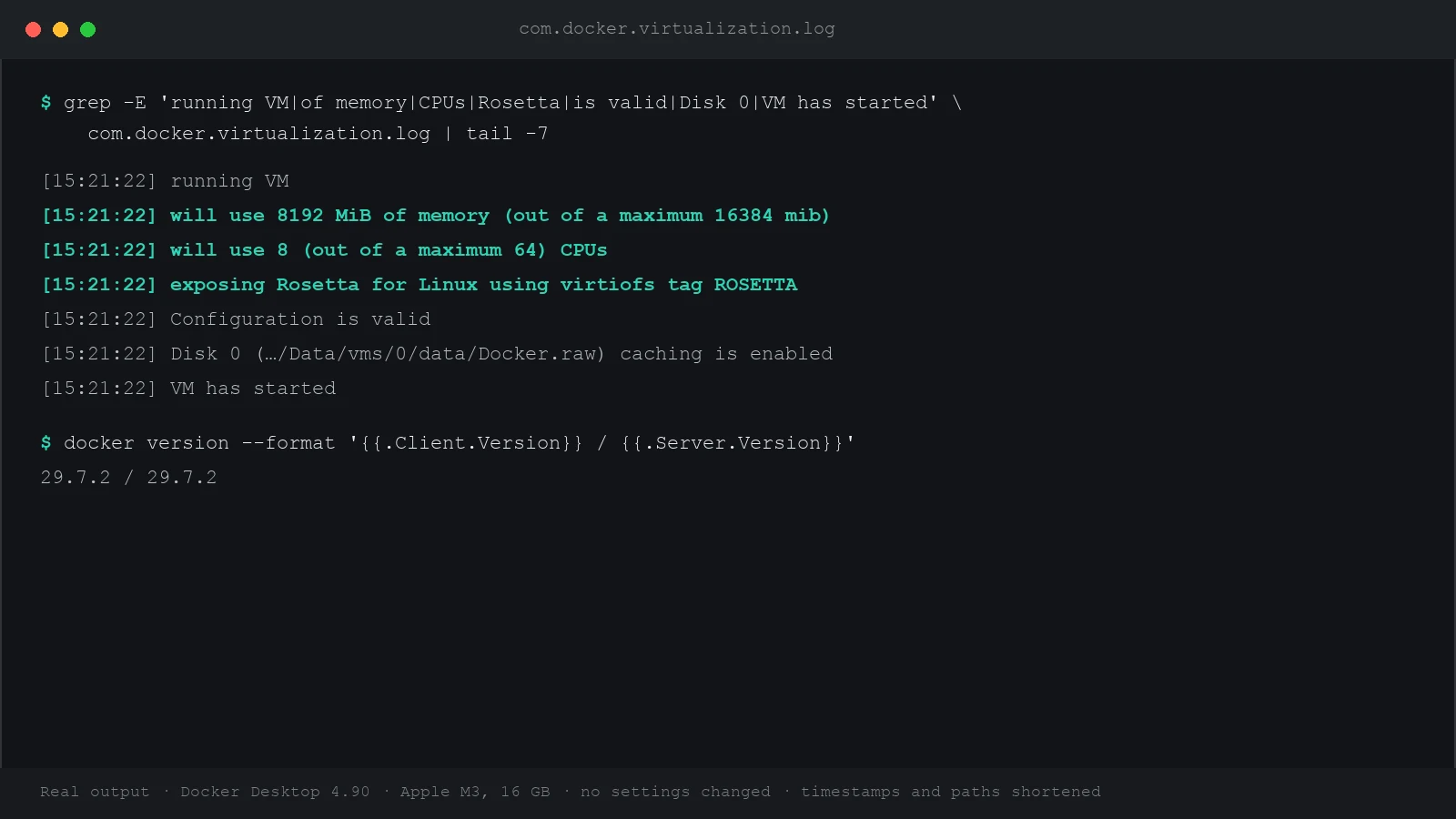 Real Docker Desktop log lines showing the VM using 8192 MiB of 16384, 8 CPUs, and exposing Rosetta for Linux over virtiofs