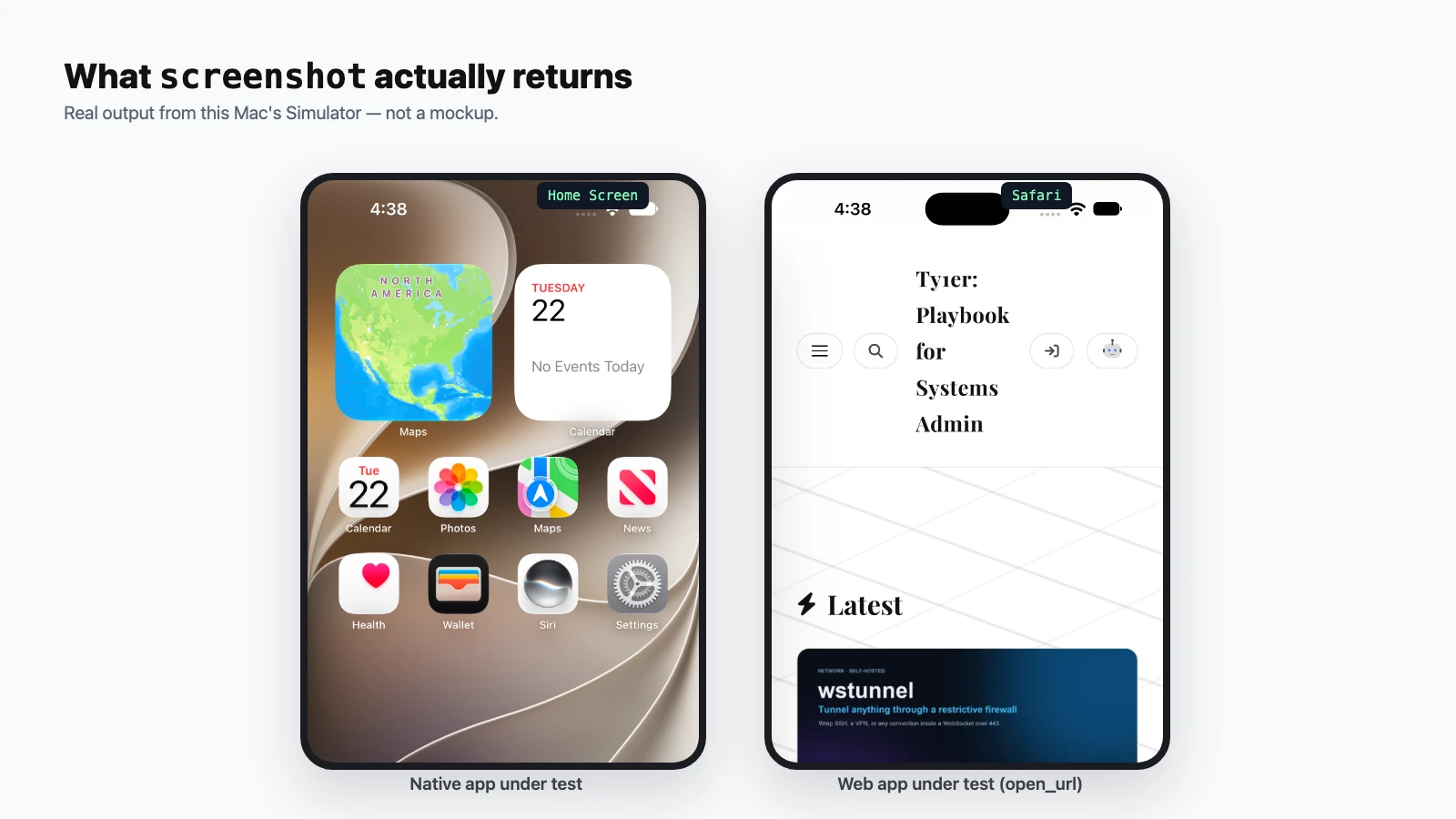 Two real iPhone 18 Pro Max simulator screenshots side by side: the Home Screen showing native apps, and Safari showing ty1er.com, both captured via the screenshot action