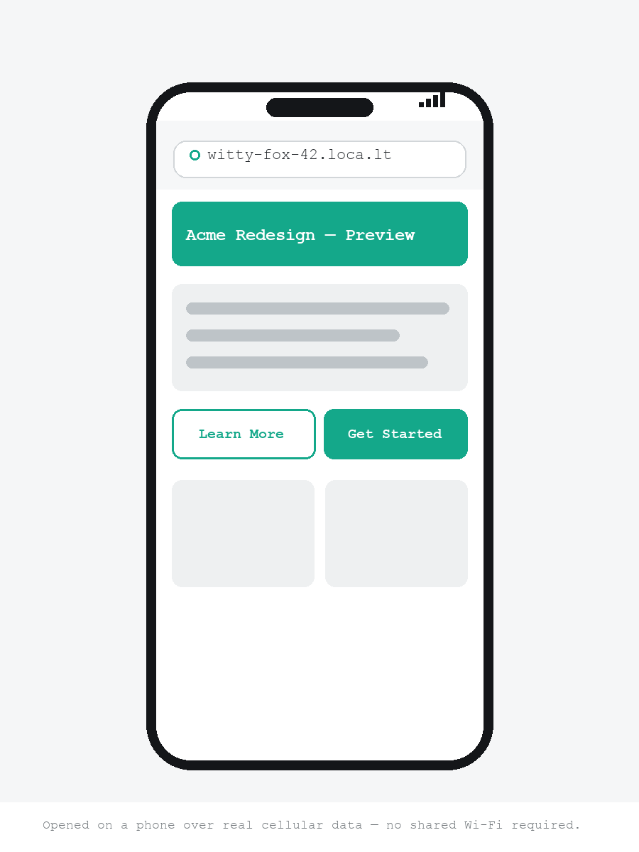 A phone browser open to a witty-fox-42.loca.lt URL, showing a website preview