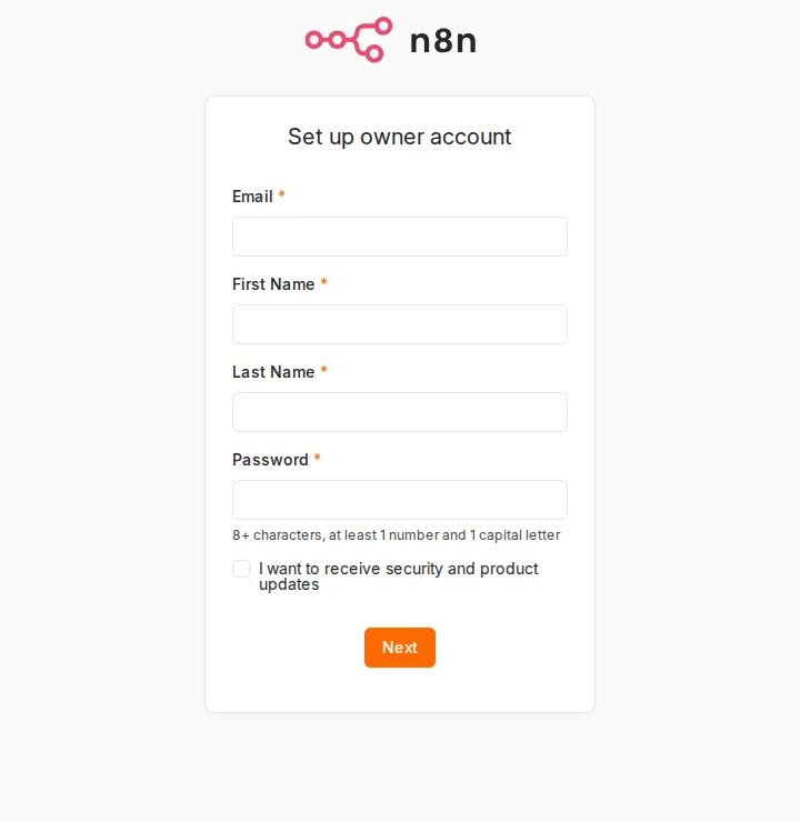 The n8n Set up owner account form, with fields for email, first name, last name and password