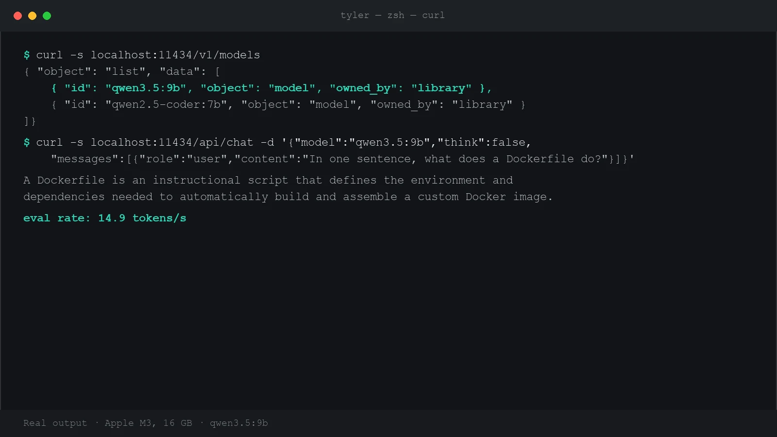 Terminal showing the v1 models endpoint listing qwen3.5:9b, and a test chat answer at 14.9 tokens per second