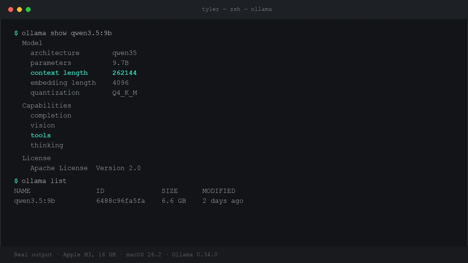 Terminal showing ollama show qwen3.5:9b: architecture qwen35, 9.7B parameters, 262144 context length, Q4_K_M quantization, capabilities completion, vision, tools, thinking, Apache 2.0 license