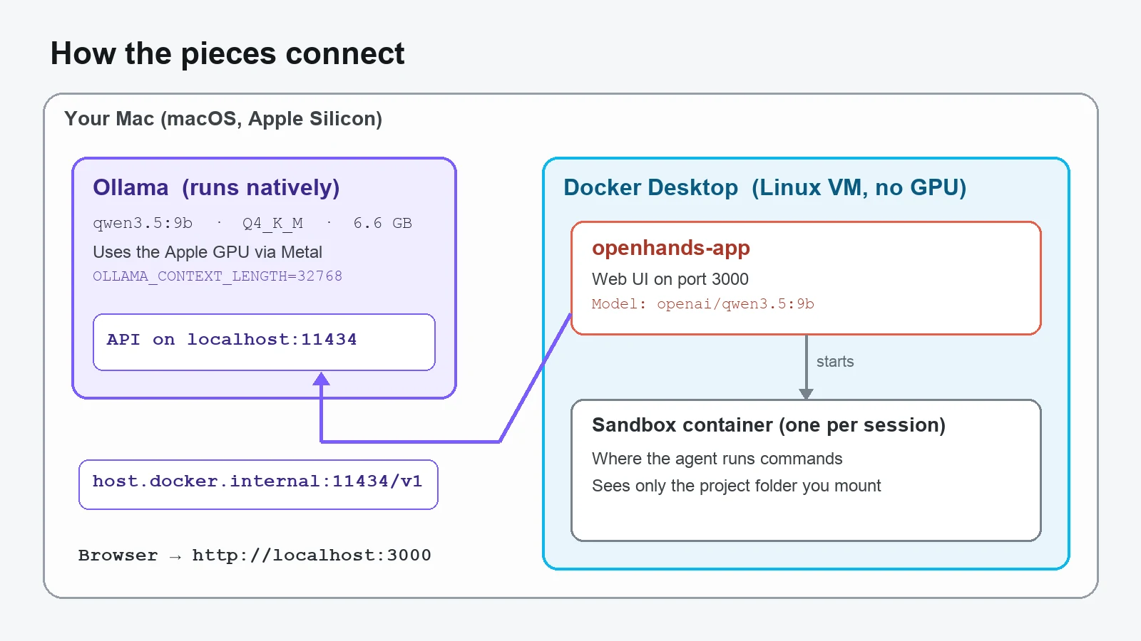 Architecture diagram: Ollama and Qwen3.5 run natively on macOS using the Apple GPU; OpenHands runs inside Docker Desktop's Linux VM and reaches Ollama through host.docker.internal on port 11434; each session gets its own sandbox container