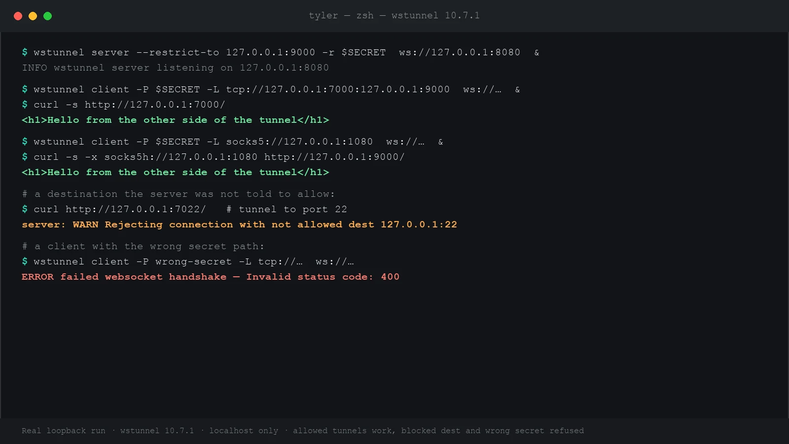 Terminal showing a wstunnel server with restrict-to, a client opening a TCP tunnel and a SOCKS5 proxy that both return a test page, and two rejected connections: a destination outside restrict-to and a wrong path-prefix secret